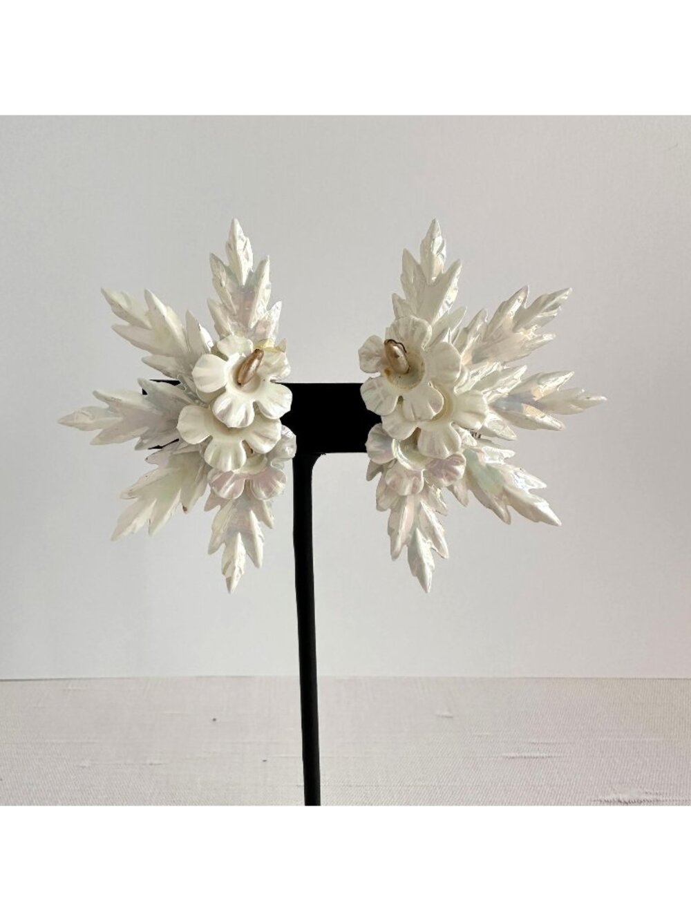 Iridescent Lucite Leaf Flower Climber Earrings Clip On 1960s 2.5"